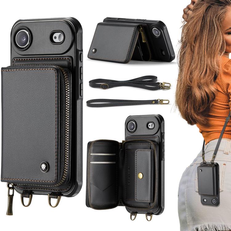 JEEHOOD C22 Serie Reißverschluss-Brieftasche Leder Handyhülle mit doppelter Umhängeschnur, für iPhone 17 Pro Max, für iPhone 17 Pro, für iPhone Air, für iPhone 16 Pro Max, für iPhone 16 Pro, für iPhone 16 Plus, für iPhone 16, für iPhone 15 Pro Max