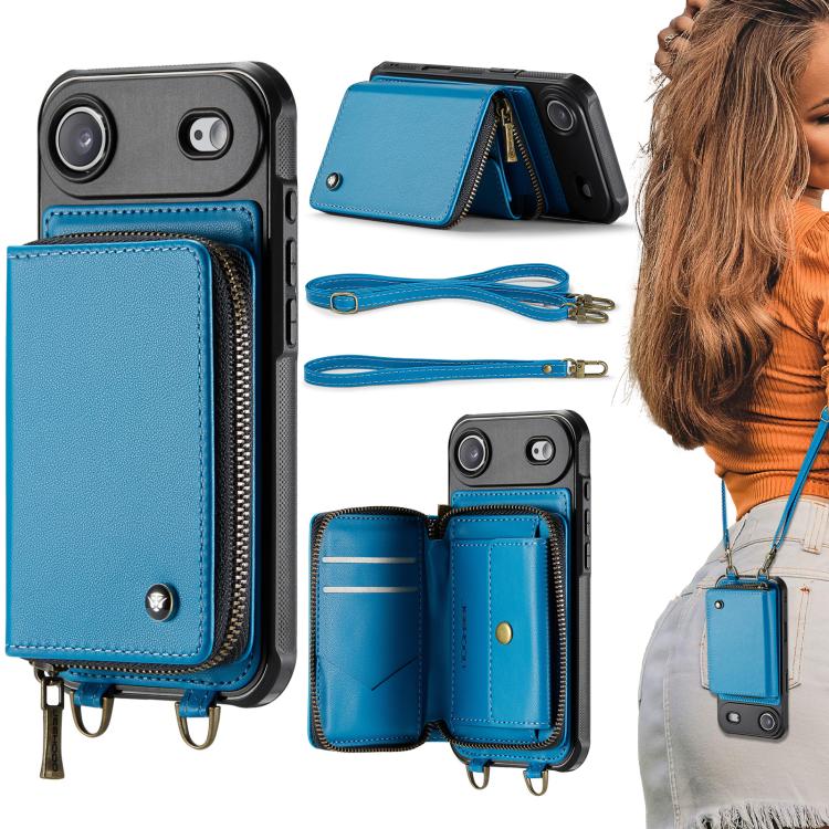 JEEHOOD C22 Serie Reißverschluss-Brieftasche Leder Handyhülle mit doppelter Umhängeschnur, für iPhone 17 Pro Max, für iPhone 17 Pro, für iPhone Air, für iPhone 16 Pro Max, für iPhone 16 Pro, für iPhone 16 Plus, für iPhone 16, für iPhone 15 Pro Max