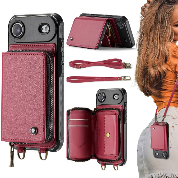 JEEHOOD C22 Serie Reißverschluss-Brieftasche Leder Handyhülle mit doppelter Umhängeschnur, für iPhone 17 Pro Max, für iPhone 17 Pro, für iPhone Air, für iPhone 16 Pro Max, für iPhone 16 Pro, für iPhone 16 Plus, für iPhone 16, für iPhone 15 Pro Max