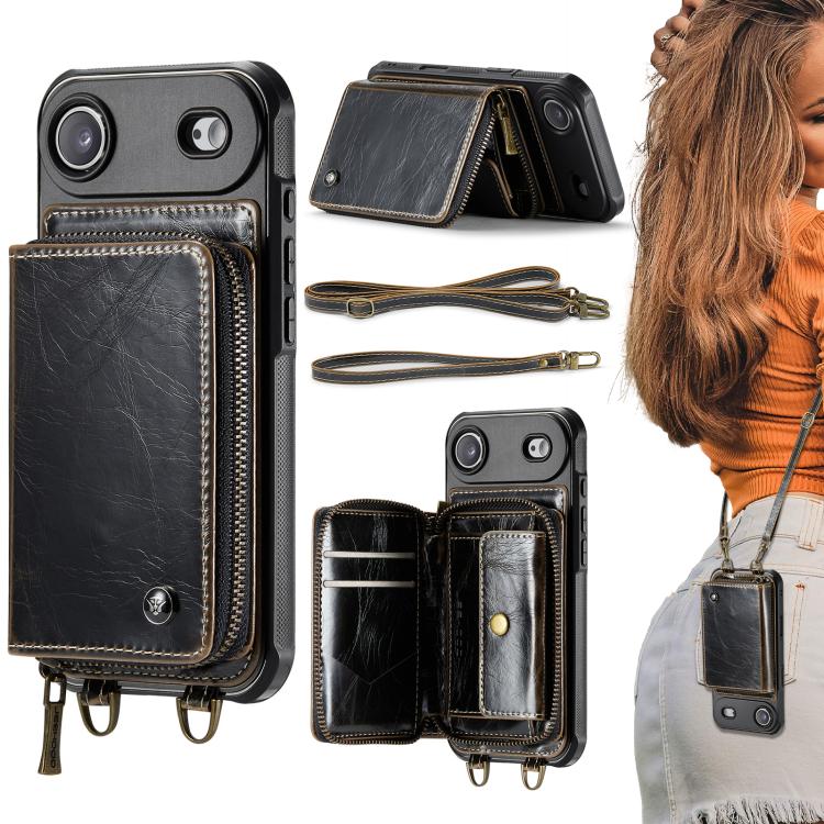 JEEHOOD C22 Serie Reißverschluss-Brieftasche Leder Handyhülle mit doppelter Umhängeschnur, für iPhone 17 Pro Max, für iPhone 17 Pro, für iPhone Air, für iPhone 16 Pro Max, für iPhone 16 Pro, für iPhone 16 Plus, für iPhone 16, für iPhone 15 Pro Max