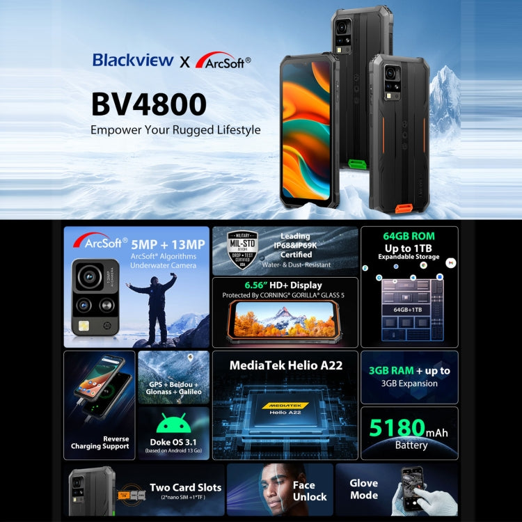 Blackview BV4800, IP68/IP69K/MIL-STD-810H, 6,56 Zoll Android 13 MediaTek MT6761V/WB Helio A22 Quad Core, Netzwerk: 4G, OTG, BV4800 3GB+64GB