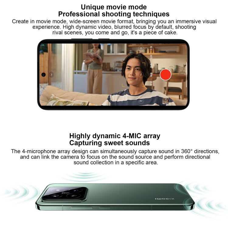 Xiaomi 14, 6,36 Zoll, Xiaomi HyperOS, Snapdragon 8 Gen 3 Octa-Core (4 nm, bis zu 3,3 GHz), NFC, Netzwerk: 5G, 12 GB + 256 GB, 16 GB + 512 GB, 16 GB + 1 TB