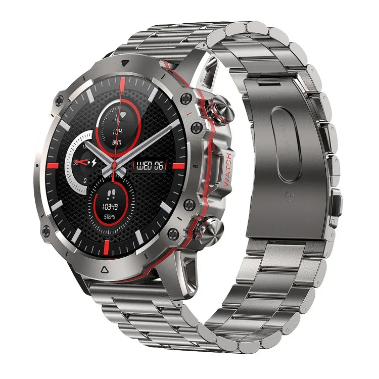 AK56 IP67 BT5.1 1,43-Zoll-Smartwatch mit Unterstützung für Sprachanrufe und Gesundheitsüberwachung, Perlmutt-Edelstahlarmband, Edelstahl-Mesh-Armband