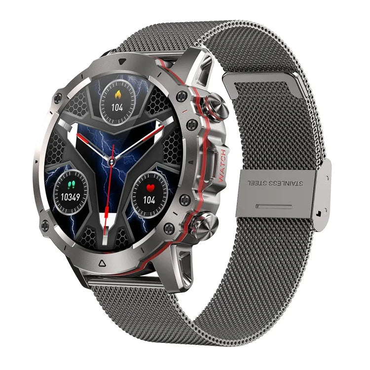 AK56 IP67 BT5.1 1,43-Zoll-Smartwatch mit Unterstützung für Sprachanrufe und Gesundheitsüberwachung, Perlmutt-Edelstahlarmband, Edelstahl-Mesh-Armband