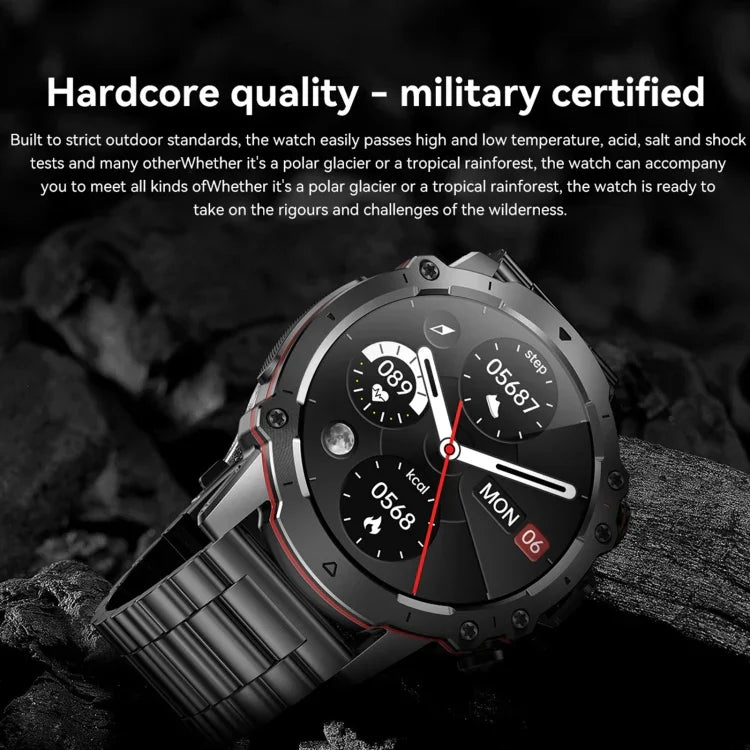 AK56 IP67 BT5.1 1,43-Zoll-Smartwatch mit Unterstützung für Sprachanrufe und Gesundheitsüberwachung, Perlmutt-Edelstahlarmband, Edelstahl-Mesh-Armband