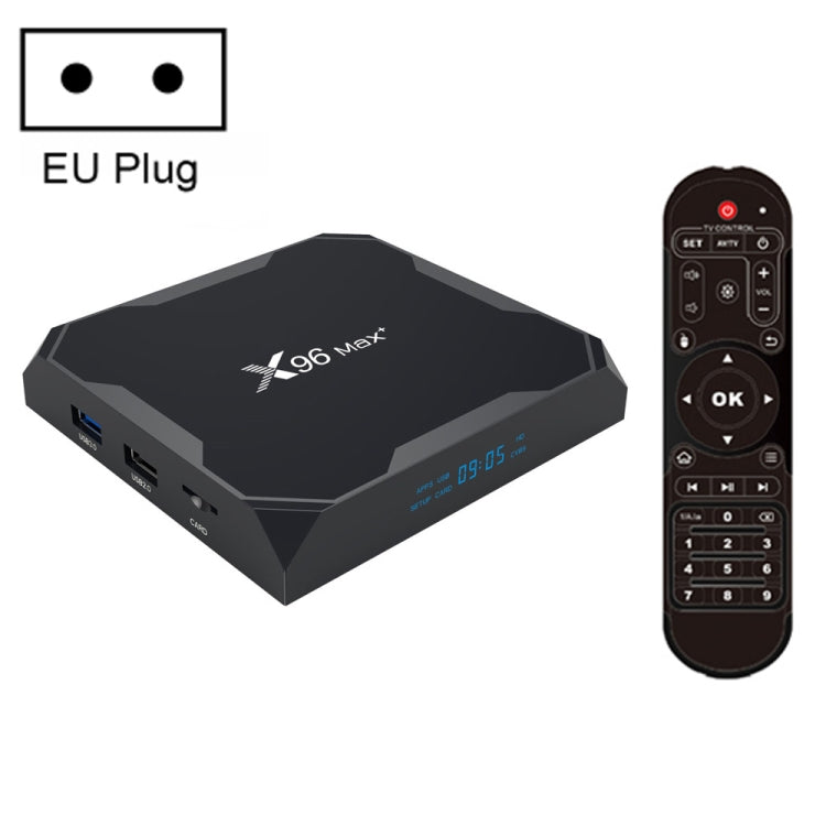 X96 max+ 4K Smart TV Box mit Fernbedienung, Android 9.0, Amlogic S905X3 Quad-Core Cortex-A55, 2GB+16GB, unterstützt LAN, AV, 2.4G/5G WLAN, USBx2, TF-Karte, EU-Stecker, US-Stecker, UK-Stecker, AU-Stecker