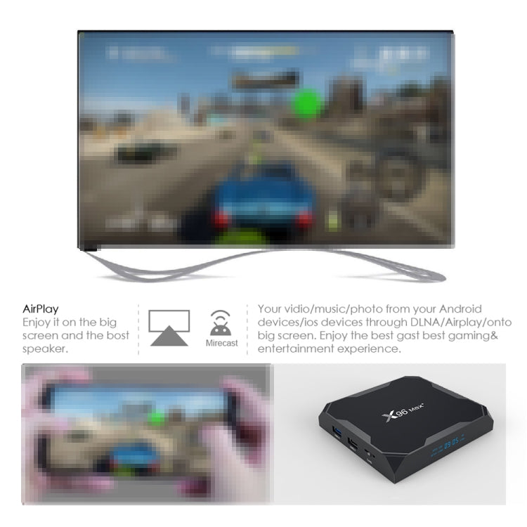 X96 max+ 4K Smart TV Box mit Fernbedienung, Android 9.0, Amlogic S905X3 Quad-Core Cortex-A55, 2GB+16GB, unterstützt LAN, AV, 2.4G/5G WLAN, USBx2, TF-Karte, EU-Stecker, US-Stecker, UK-Stecker, AU-Stecker
