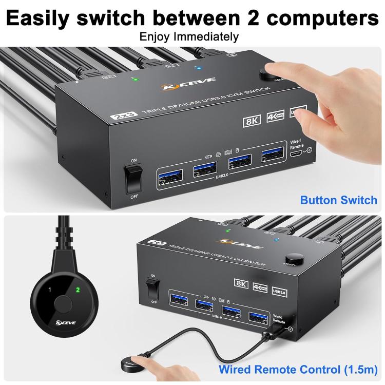 KC-KVM203DH 8K 30Hz USB3.0 DP+DP+HDMI Dreifach-Monitor KVM-Switch, EU-Stecker, KC-KVM203DH