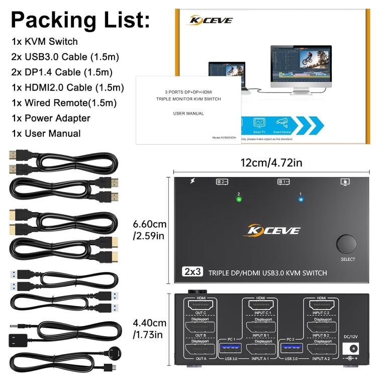 KC-KVM203DH 8K 30Hz USB3.0 DP+DP+HDMI Dreifach-Monitor KVM-Switch, EU-Stecker, KC-KVM203DH