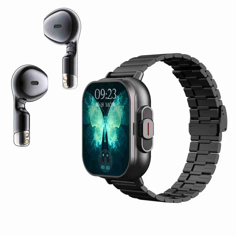 D8 2,01 Zoll 2-in-1 Bluetooth-Kopfhörer mit Stahlarmband, Smartwatch, unterstützt Gesundheitsüberwachung / NFC, Stahlarmband (Schwarz), Stahlarmband (Silber)