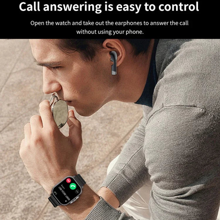 D8 2,01 Zoll 2-in-1 Bluetooth-Kopfhörer mit Stahlarmband, Smartwatch, unterstützt Gesundheitsüberwachung / NFC, Stahlarmband (Schwarz), Stahlarmband (Silber)