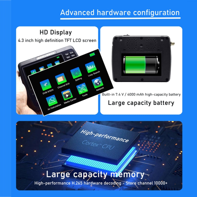 iBRAVEBOX V10 Finder Max 4,3 Zoll Display Digitaler Satelliten-Messsucher Signalfinder, unterstützt DVB-S/S2/S2X, EU-Stecker, US-Stecker, UK-Stecker, AU-Stecker