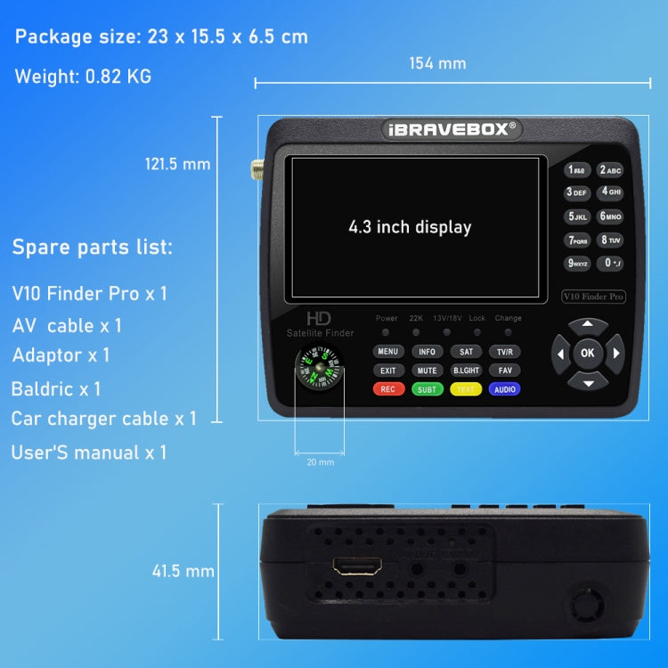 iBRAVEBOX V10 Finder Max 4,3 Zoll Display Digitaler Satelliten-Messsucher Signalfinder, unterstützt DVB-S/S2/S2X, EU-Stecker, US-Stecker, UK-Stecker, AU-Stecker