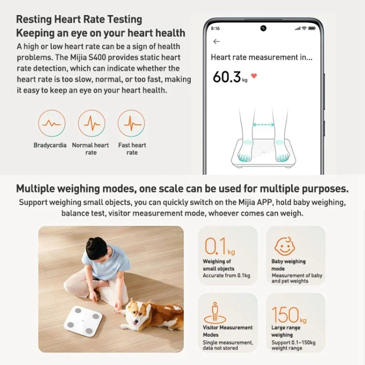 Original Xiaomi Mijia Smart Home Körperfettwaage S400 BT5.0 LED-Anzeige Dual-Frequenz-Messung, Körperfettwaage S400