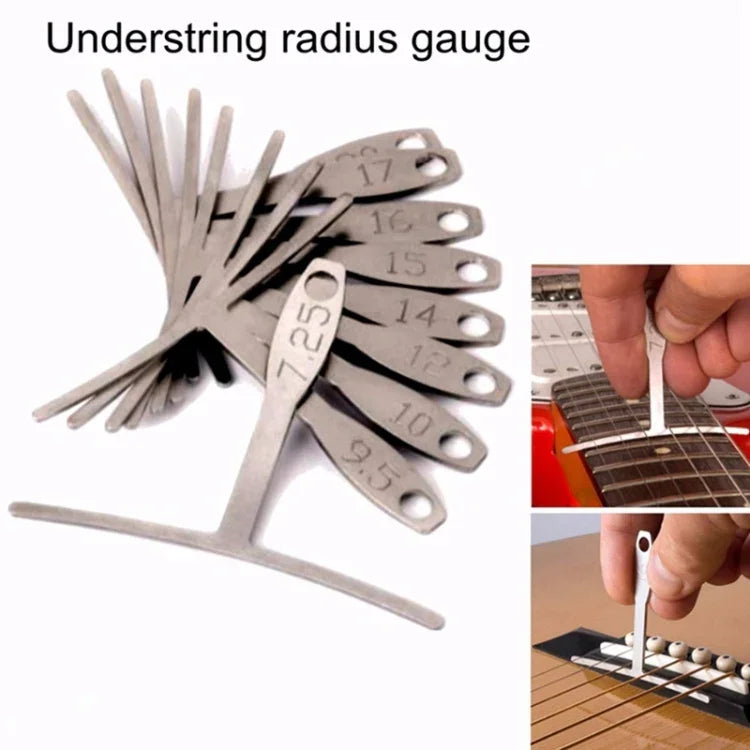 9-in-1-Gitarrenlineal in T-Form, Hals-Griffbrett-, Bundradius-, Saitenradius-, verstellbarer Messschieber, 9-in-1-Gitarrenlineal in T-Form