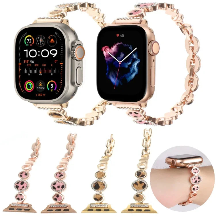 Metallarmband mit Leopardenmuster und Strasssteinen, passend für Apple Watch 42 mm und 38 mm