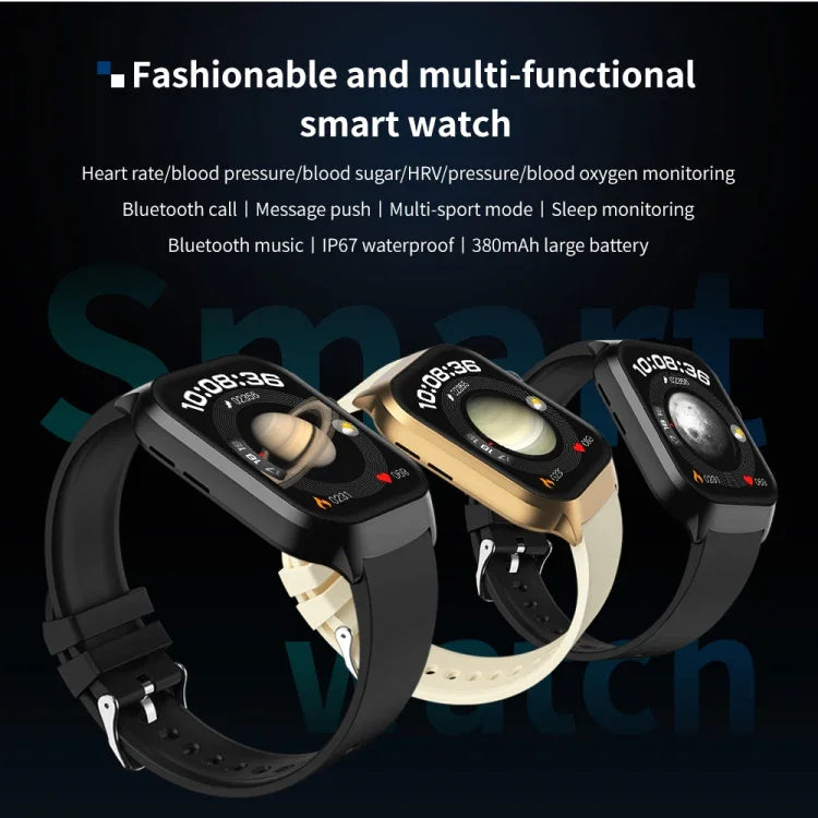 Smartwatch mit Bluetooth-Anruffunktion, Silikonarmband (5,1 cm), unterstützt Herzfrequenzmessung und nicht-invasive Blutzuckermessung. Erhältlich in Schwarz und Hellgelb.