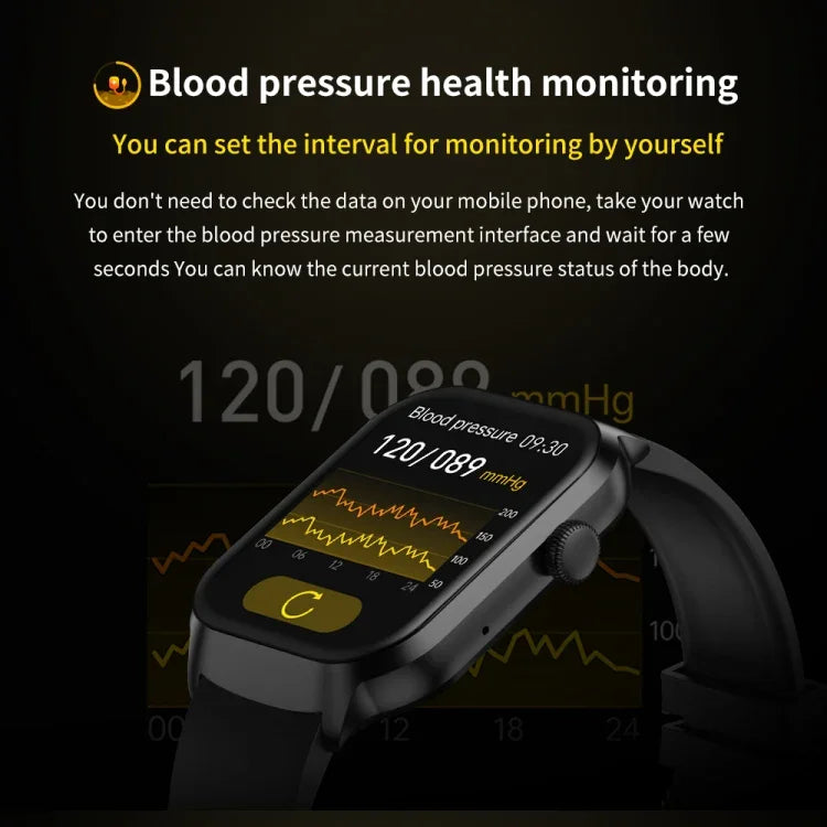 Smartwatch mit Bluetooth-Anruffunktion, Silikonarmband (5,1 cm), unterstützt Herzfrequenzmessung und nicht-invasive Blutzuckermessung. Erhältlich in Schwarz und Hellgelb.
