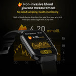 Smartwatch mit Bluetooth-Anruffunktion, Silikonarmband (5,1 cm), unterstützt Herzfrequenzmessung und nicht-invasive Blutzuckermessung. Erhältlich in Schwarz und Hellgelb.
