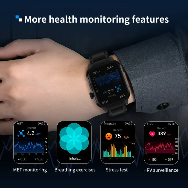 Smartwatch mit Bluetooth-Anruffunktion, Silikonarmband (5,1 cm), unterstützt Herzfrequenzmessung und nicht-invasive Blutzuckermessung. Erhältlich in Schwarz und Hellgelb.