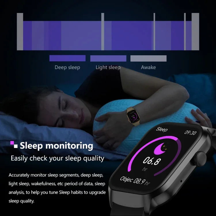 Smartwatch mit Bluetooth-Anruffunktion, Silikonarmband (5,1 cm), unterstützt Herzfrequenzmessung und nicht-invasive Blutzuckermessung. Erhältlich in Schwarz und Hellgelb.