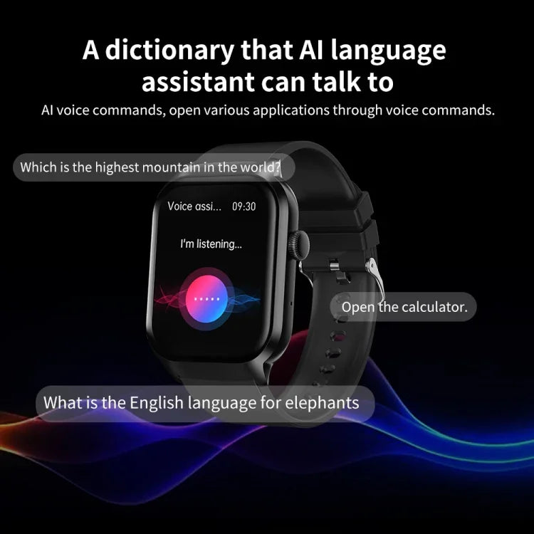 Smartwatch mit Bluetooth-Anruffunktion, Silikonarmband (5,1 cm), unterstützt Herzfrequenzmessung und nicht-invasive Blutzuckermessung. Erhältlich in Schwarz und Hellgelb.