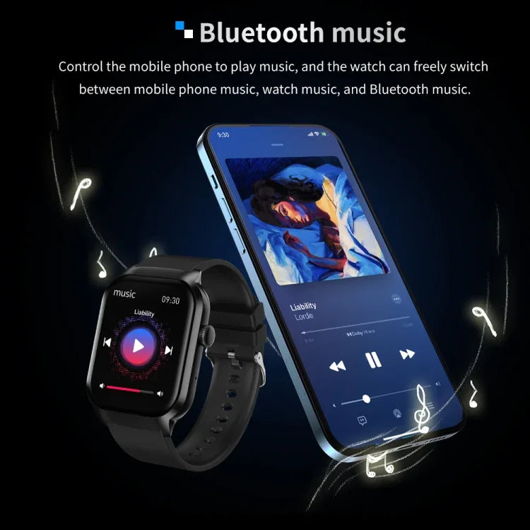 Smartwatch mit Bluetooth-Anruffunktion, Silikonarmband (5,1 cm), unterstützt Herzfrequenzmessung und nicht-invasive Blutzuckermessung. Erhältlich in Schwarz und Hellgelb.