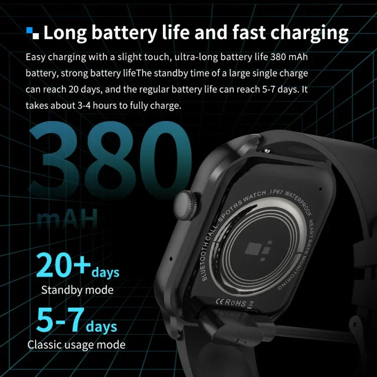 Smartwatch mit Bluetooth-Anruffunktion, Silikonarmband (5,1 cm), unterstützt Herzfrequenzmessung und nicht-invasive Blutzuckermessung. Erhältlich in Schwarz und Hellgelb.