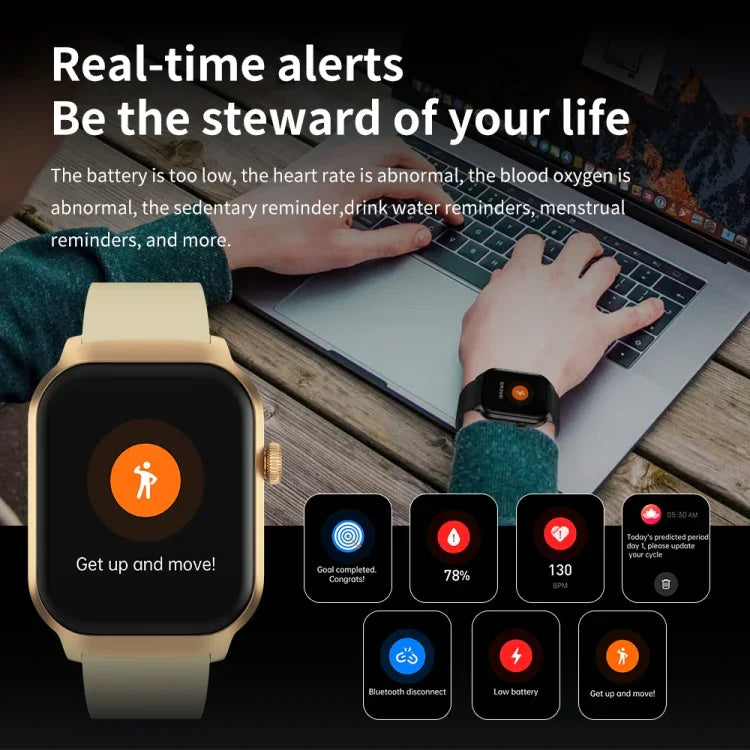 Smartwatch mit Bluetooth-Anruffunktion, Silikonarmband (5,1 cm), unterstützt Herzfrequenzmessung und nicht-invasive Blutzuckermessung. Erhältlich in Schwarz und Hellgelb.