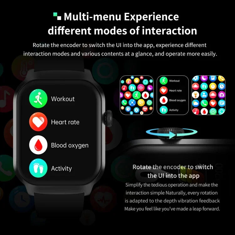 Smartwatch mit Bluetooth-Anruffunktion, Silikonarmband (5,1 cm), unterstützt Herzfrequenzmessung und nicht-invasive Blutzuckermessung. Erhältlich in Schwarz und Hellgelb.