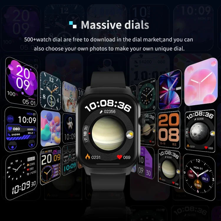 Smartwatch mit Bluetooth-Anruffunktion, Silikonarmband (5,1 cm), unterstützt Herzfrequenzmessung und nicht-invasive Blutzuckermessung. Erhältlich in Schwarz und Hellgelb.