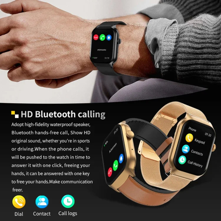 Smartwatch mit Bluetooth-Anruffunktion, Silikonarmband (5,1 cm), unterstützt Herzfrequenzmessung und nicht-invasive Blutzuckermessung. Erhältlich in Schwarz und Hellgelb.