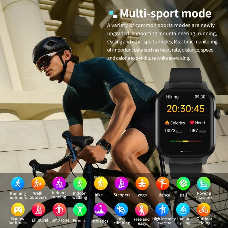 Smartwatch mit Bluetooth-Anruffunktion, Silikonarmband (5,1 cm), unterstützt Herzfrequenzmessung und nicht-invasive Blutzuckermessung. Erhältlich in Schwarz und Hellgelb.