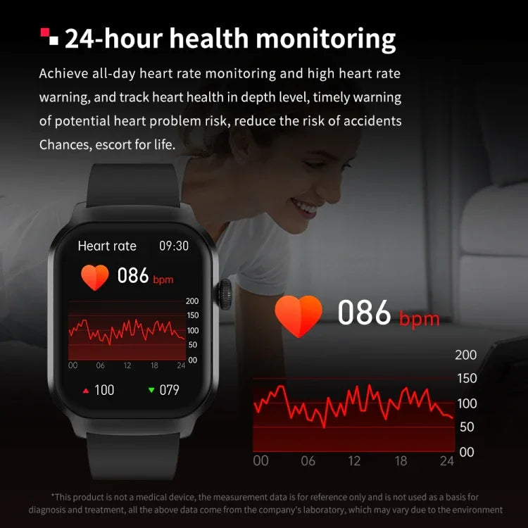Smartwatch mit Bluetooth-Anruffunktion, Silikonarmband (5,1 cm), unterstützt Herzfrequenzmessung und nicht-invasive Blutzuckermessung. Erhältlich in Schwarz und Hellgelb.