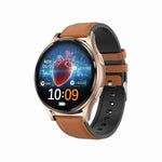 Smartwatch mit Bluetooth-Anruffunktion, Lederarmband (1,43 Zoll), EKG- und nicht-invasiver Blutzuckermessung, Lederarmband schwarz, Lederarmband braun