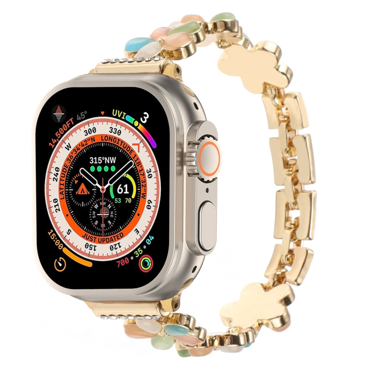 5-blättriges Blumen Zinklegierung Ketten Uhrenarmband, Für Apple Watch SE 2023 44mm, Für Apple Watch SE 2023 40mm, Für Apple Watch Ultra 2 49mm, Für Apple Watch Series 9 45mm, Für Apple Watch Series 9 41mm, Für Apple Watch Ultra 49mm