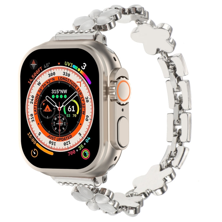 5-blättriges Blumen Zinklegierung Ketten Uhrenarmband, Für Apple Watch SE 2023 44mm, Für Apple Watch SE 2023 40mm, Für Apple Watch Ultra 2 49mm, Für Apple Watch Series 9 45mm, Für Apple Watch Series 9 41mm, Für Apple Watch Ultra 49mm