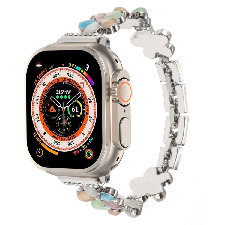 5-blättriges Blumen Zinklegierung Ketten Uhrenarmband, Für Apple Watch SE 2023 44mm, Für Apple Watch SE 2023 40mm, Für Apple Watch Ultra 2 49mm, Für Apple Watch Series 9 45mm, Für Apple Watch Series 9 41mm, Für Apple Watch Ultra 49mm