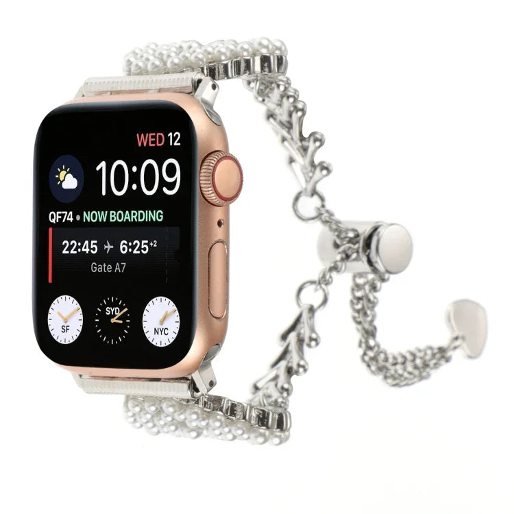 Rundes Uhrenarmband aus Zinklegierung mit Perlenanhänger, passend für Apple Watch 42 mm und 38 mm