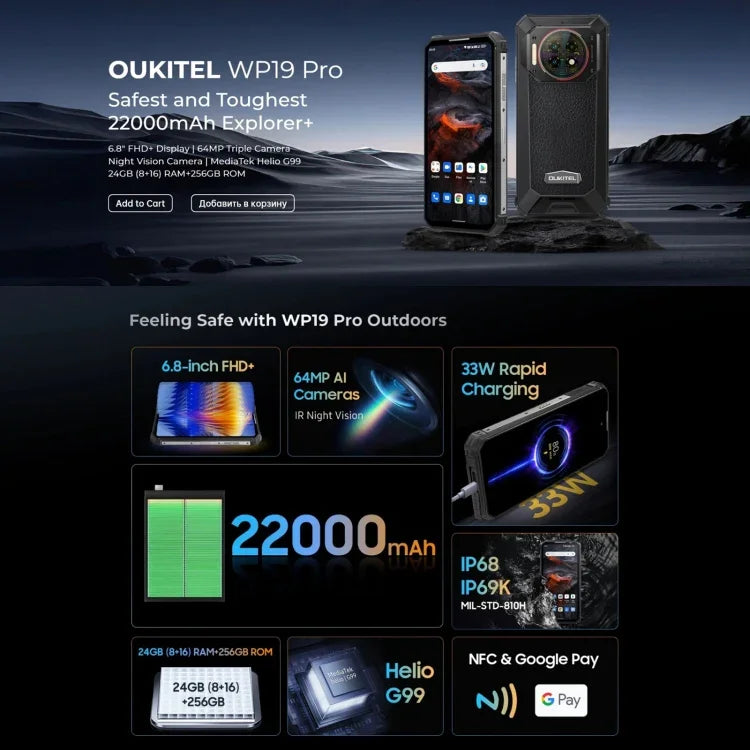 Oukitel WP19 Pro, 6,8 Zoll, MediaTek Helio G99 Octa-Core-Prozessor, NFC, Netzwerk: 4G, WP19 Pro 8 GB + 256 GB
