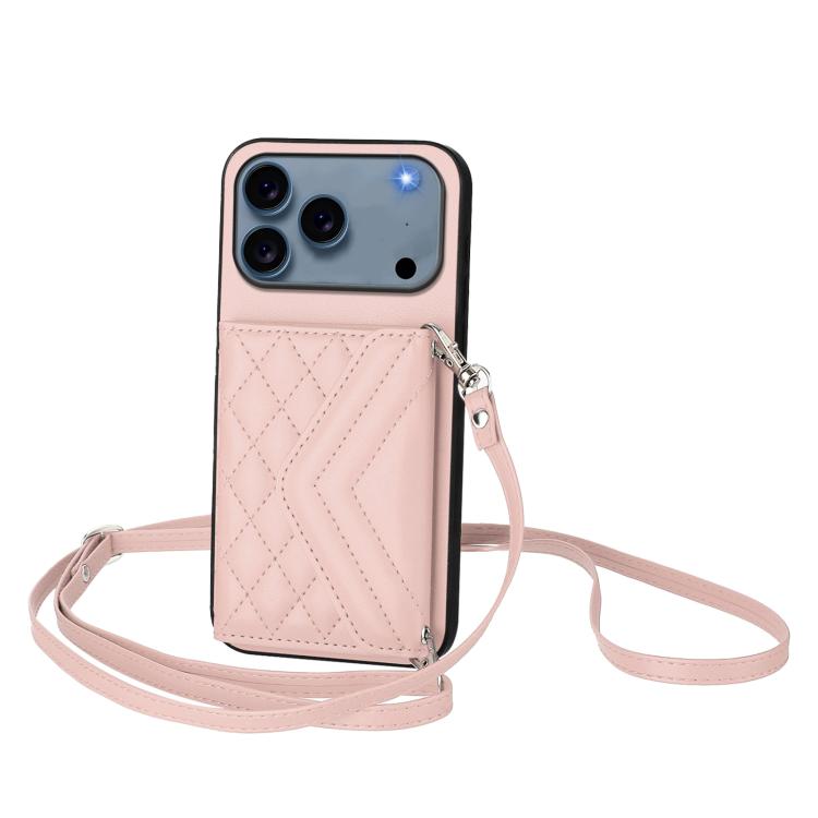 Rhombus-Textur Kartenhalter RFID Handyhülle mit langem Umhängeband, für iPhone 17 Pro Max, für iPhone 17 Pro, für iPhone 17, für iPhone Air, für iPhone 16 Pro Max, für iPhone 16 Pro, für iPhone 16 Plus, für iPhone 16
