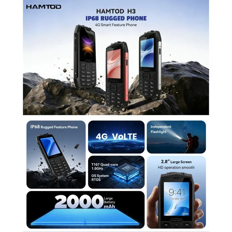 HAMTOD H3 Robustes Smartphone, 2,8 Zoll T107 ARM Cortex™ A7 Quad-Core 1,0 GHz, Netzwerk: 4G, VoLTE, Bluetooth, SOS, EU-Version