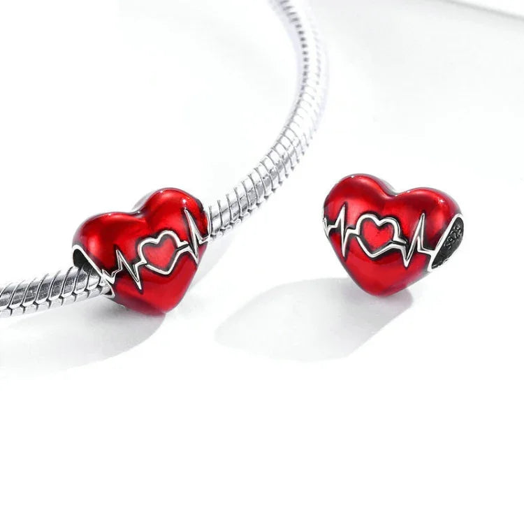 Anhänger aus 925er Sterlingsilber mit rotem Herzschlag-Motiv, Perlen zum Selbermachen von Armbändern und Halsketten