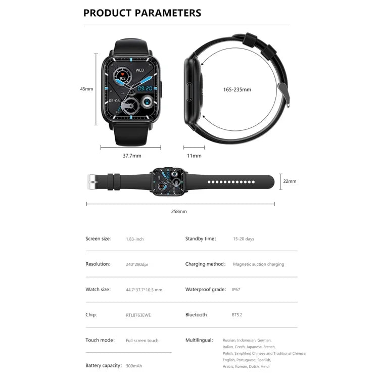 DM60+ 1,83 Zoll BT5.2 Smartwatch, unterstützt Bluetooth-Anrufe / Schlafüberwachung / Blutzuckermessung / Blutsauerstoffmessung / Temperaturmessung / Herzfrequenzmessung / Blutdruckmessung