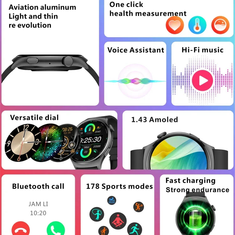 QX10 1,43 Zoll BT5.2 Smartwatch, unterstützt Schlaf-/Herzfrequenz-/Blutsauerstoff-/Blutdrucküberwachung