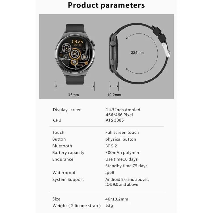 QX10 1,43 Zoll BT5.2 Smartwatch, unterstützt Schlaf-/Herzfrequenz-/Blutsauerstoff-/Blutdrucküberwachung