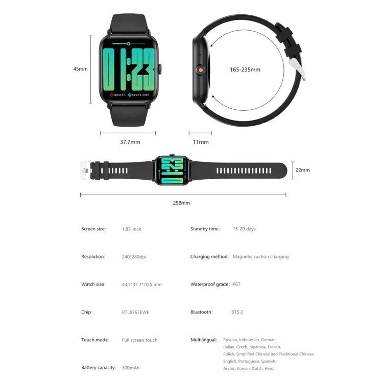 QS13 1,83 Zoll BT5.2 Smartwatch, unterstützt Bluetooth-Anrufe / Schlafüberwachung / Blutzuckermessung / Blutsauerstoffmessung / Herzfrequenzmessung / Blutdruckmessung