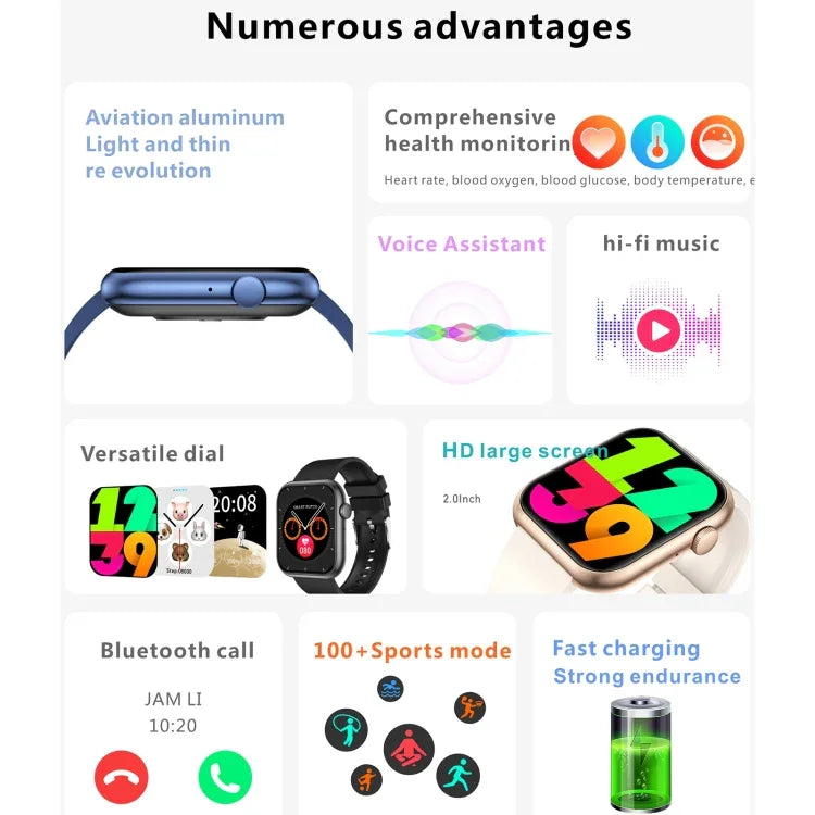 QX7 Pro 2,0 Zoll BT5.2 Smartwatch, unterstützt Bluetooth-Anrufe / Schlafüberwachung / Blutzuckermessung / Blutsauerstoffmessung / Temperaturmessung / Herzfrequenzmessung / Blutdruckmessung