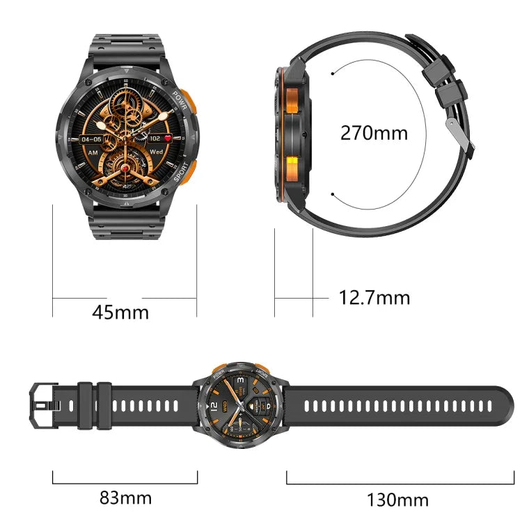 AK59 Smartwatch mit 1,43 Zoll AMLOED-Rundbildschirm und Stahlarmband