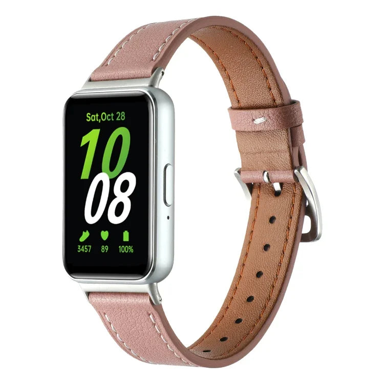 Sewing Thread Genuine Leather Watch Band, For Samsung Galaxy Fit 3